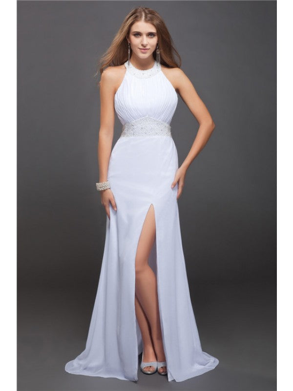 Vestidos largos de gasa con escote tubo/columna, joya, sin mangas, con abalorios y volantes